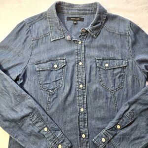 New Look Womens Denim Pearl Snap Cotton Western Blouse Shirt SZ L Slim Fit